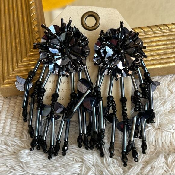 Anthropologie Floral Sequin Drop Statement Post Earrings Black Beaded 3” Long - Picture 1 of 8